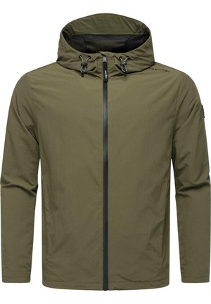 Olijfgroene lichtgewicht jas met een capuchon, voorzien van een rits aan de voorkant en een trekkoord, van effen stof en met lange mouwen.