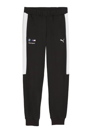 Schwarze Sporthose mit weißen Seitenstreifen, BMW Motorsport- und Puma-Logos auf der Vorderseite, elastischem Bund und Fußgelenkbündchen.