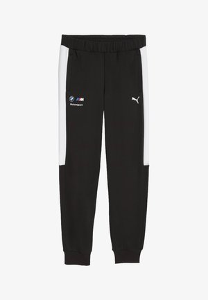 Sorte sportbukser med hvide sidelister, BMW Motorsport og Puma logoer foran, elastisk taljebånd og ankelmanchetter.