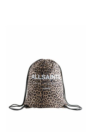 Drawstring bag with leopard print pattern, black and white cords, and "ALLSAINTS LONDON" branded text on the front.