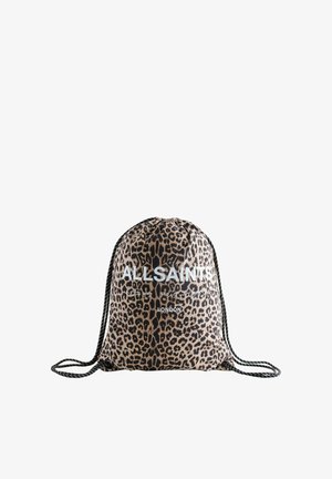 Geantă cu șnur cu model print leopard, șnururi alb-negru și textul brandului "ALLSAINTS LONDON" pe față.