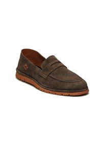 Dark brown suede slip-on shoes with textured upper, featuring a stitched accent across the vamp and a rubber sole with a contrasting tan edge.