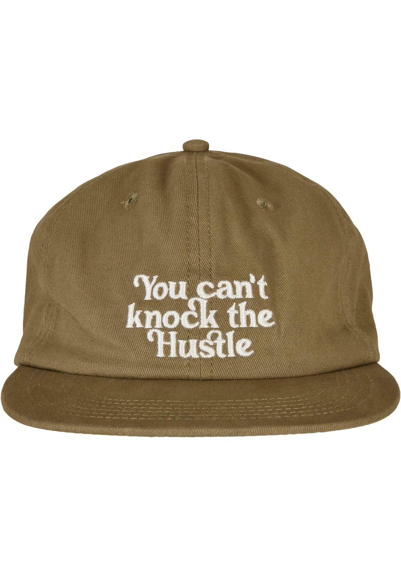Olive green cap with a flat brim, featuring white embroidered text that reads, “You can't knock the Hustle.” Cotton fabric with a textured finish.