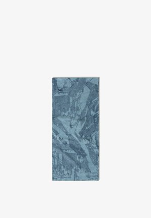 Blauer multifunktionaler Schlauchschal mit abstrakten Linien- und Formenmustern und einem kleinen Buff-Logo nahe dem oberen Rand.