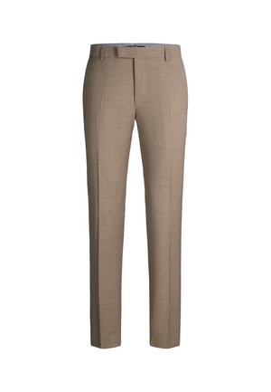 Pantaloni da uomo beige su misura con passanti per cintura, piega frontale e chiusura con zip, mostrati su sfondo bianco.