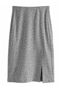 Grå strikket blyantskirt med lige snit, der har en frontslids og tekstureret stof. Elastisk talje for komfort.