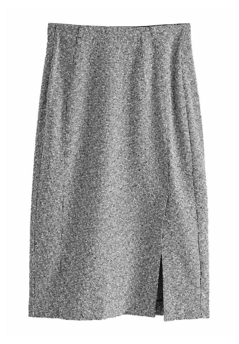 Grå strikket blyantskirt med lige snit, der har en frontslids og tekstureret stof. Elastisk talje for komfort.