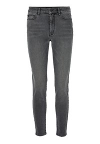 Slim-fit, keskihigh farkut tummanharmaasta denimistä. Varustettu nappikiinnityksellä, viidellä taskulla ja hillityllä haalistumisella, sekä sileällä pinnalla.