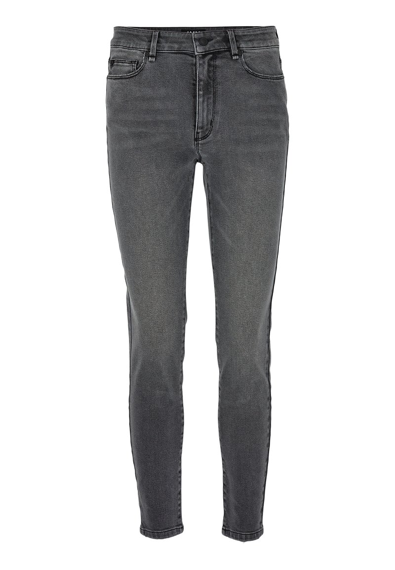 Slim-fit, keskihigh farkut tummanharmaasta denimistä. Varustettu nappikiinnityksellä, viidellä taskulla ja hillityllä haalistumisella, sekä sileällä pinnalla.