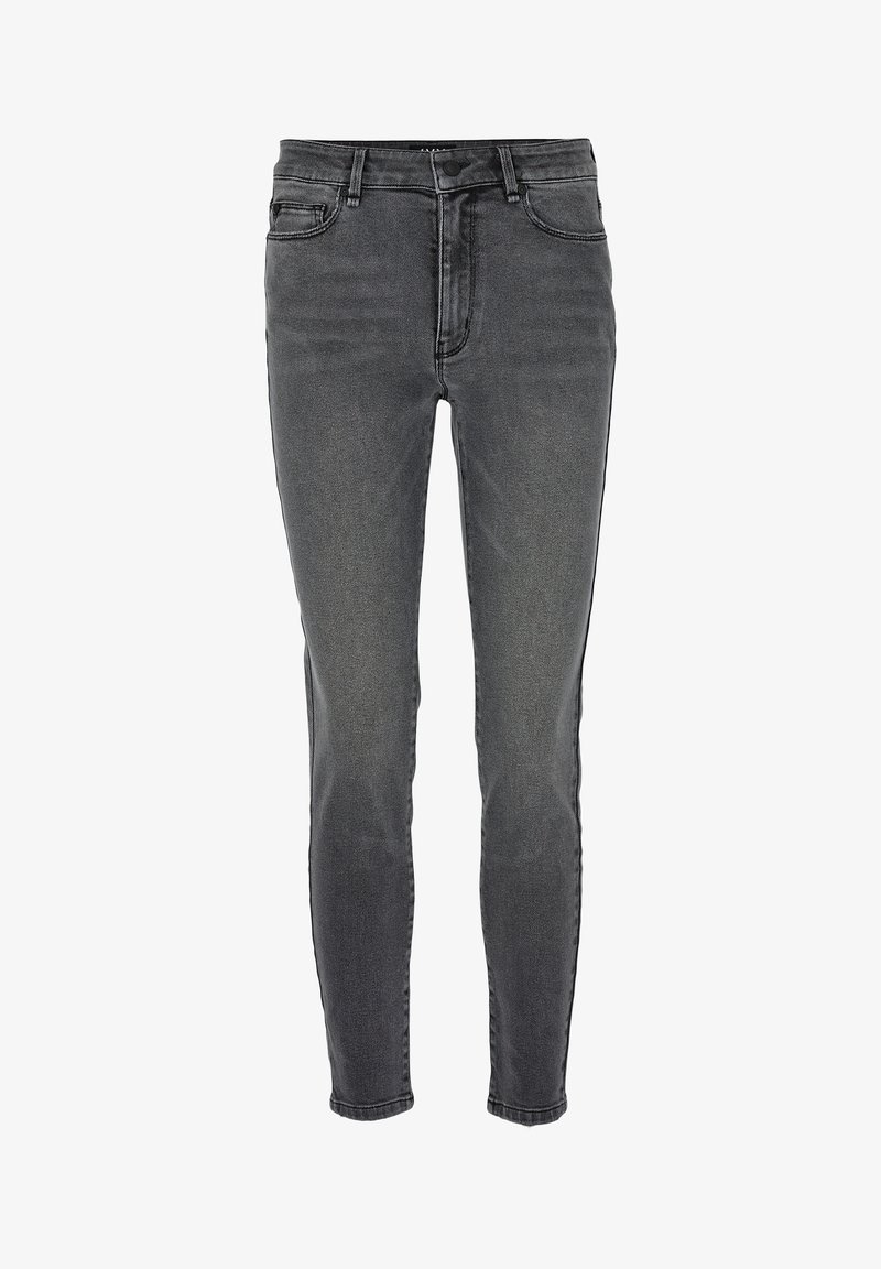 Slim-fit, średnio-wysokie dżinsy w ciemnoszarym kolorze. Posiadają zapięcie na guzik, pięć kieszeni oraz subtelne wyblaknięcia z gładką teksturą.