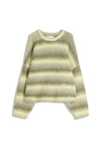 Miękki, puszysty sweter z długim rękawem w poziome paski w odcieniach stonowanej żółci i szarości, z okrągłym dekoltem.