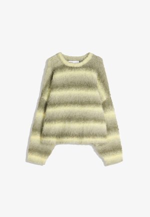 Puha, bolyhos, hosszú ujjú pulóver, vízszintes csíkokkal, tompa sárga és szürke árnyalatokban, kerek nyakkivágással.