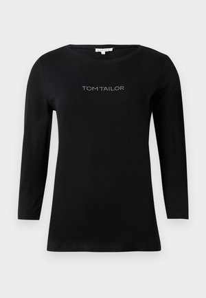Musta pitkähihainen T-paita, joka on valmistettu pehmeästä puuvillasta, pyöreällä kaula-aukolla ja etupuolella "TOM TAILOR" -tekstiä strasseilla.