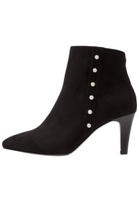 Black suede ankle boot with pointed toe and stiletto heel. Features decorative pearl-like studs on the outer side. Smooth texture.