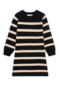 Strickkleid mit abwechselnd schwarzen und beigen horizontalen Streifen, Rundhalsausschnitt, langen Ärmeln und gerippten Bündchen.