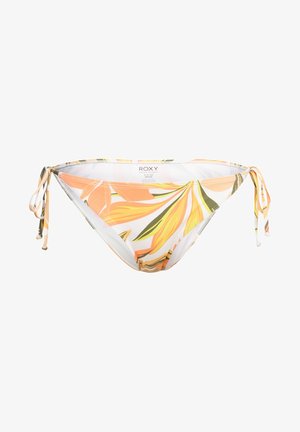 Bas de bikini Roxy avec un motif floral en orange, jaune et vert sur un fond blanc. Présente des liens latéraux ajustables et une texture lisse.