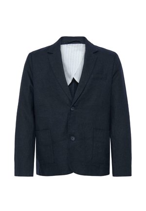 Blazer homme bleu marine foncé avec deux boutons à l'avant, deux poches plaquées basses, une poche poitrine et une doublure intérieure blanche à fines rayures verticales.
