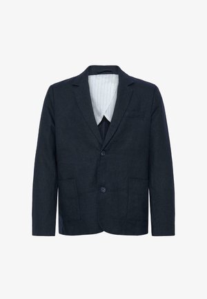 Dunkelblauer Herrenblazer mit zwei vorderen Knöpfen, zwei unteren aufgesetzten Taschen, einer Brusttasche und einem weißen Innenfutter mit dünnen vertikalen Streifen.