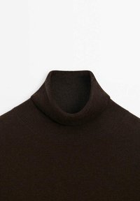 Brown turtleneck sweater made from ribbed knit fabric, featuring a high collar and a fitted design. Smooth texture with a solid color.