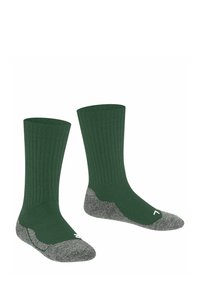 Ciemnozielone skarpety do kolan z ryflowaną teksturą, z szarymi akcentami w okolicy palców i pięt, wyeksponowane obok siebie.