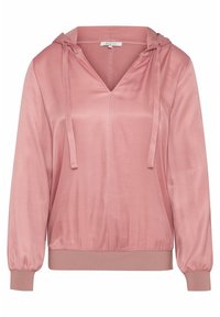 Helle rosa Satin-Hoodie mit V-Ausschnitt, verstellbarem Kordelzug und elastischen Bündchen und Saum; glatte Textur mit einem lässigen Schnittdesign.