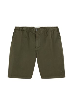 Pantalones cortos para hombre en verde oliva con cintura elástica, cierre con botón, bolsillos laterales y pequeño logo de calavera bordado en el dobladillo de la pierna izquierda.