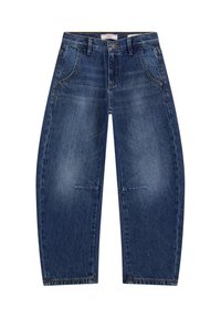 Jeans in denim blu scuro con un design a gamba larga, caratterizzati da cinque tasche, cuciture in vista e una chiusura a bottone in vita.