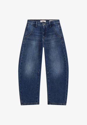 Dunkelblaue Denim-Jeans mit weitem Bein, ausgestattet mit fünf Taschen, sichtbaren Nähten und einem Knopfverschluss am Bund.