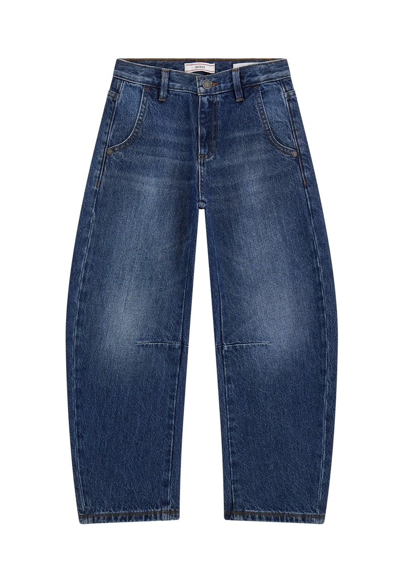 Jeans in denim blu scuro con un design a gamba larga, caratterizzati da cinque tasche, cuciture in vista e una chiusura a bottone in vita.
