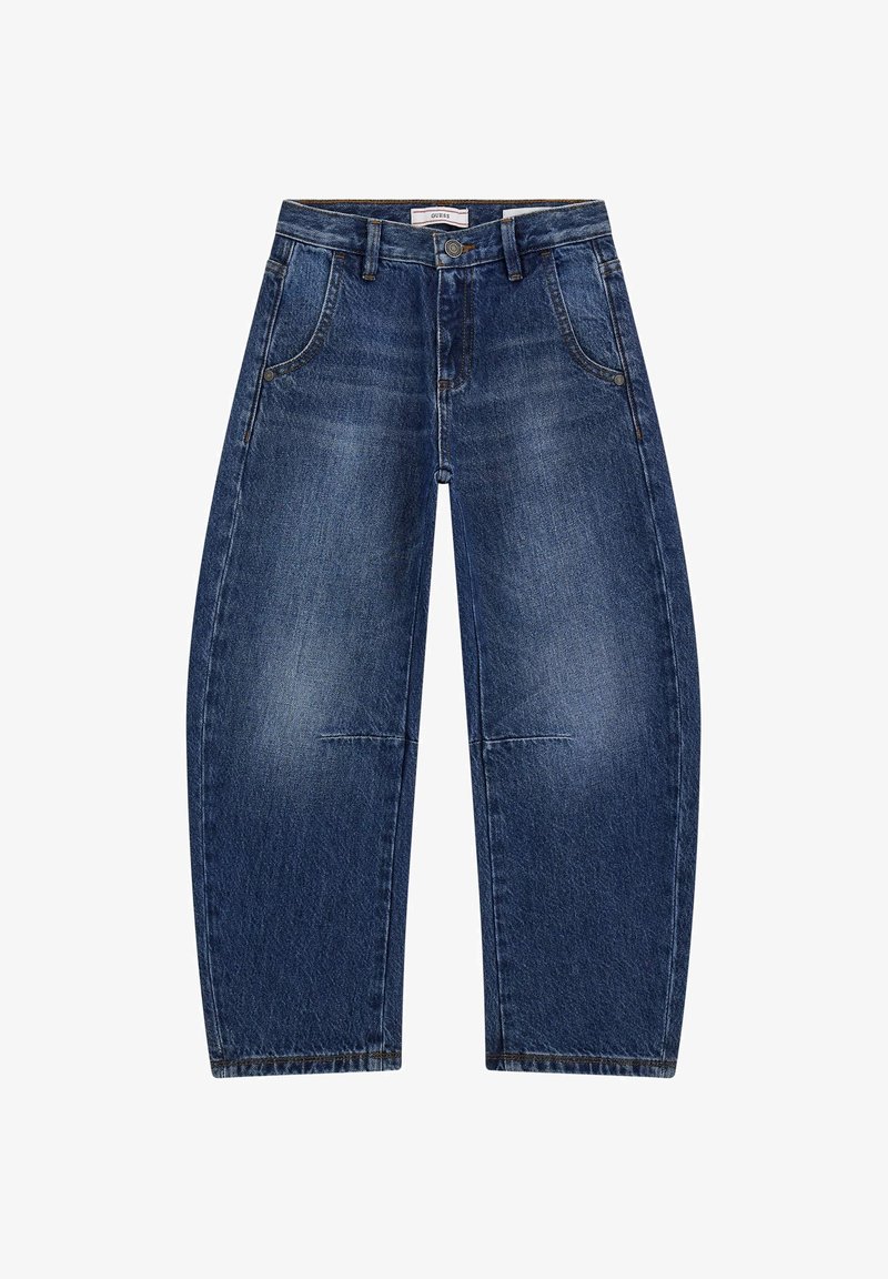 Jeans in denim blu scuro con un design a gamba larga, caratterizzati da cinque tasche, cuciture in vista e una chiusura a bottone in vita.