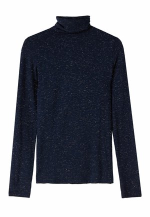 Pull col roulé bleu marine à manches longues, fabriqué en tissu doux. Présente un motif texturé avec des éclats de couleur plus claire tout au long.