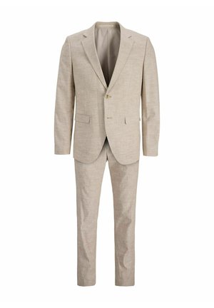 Hellbeige Anzug aus strukturiertem Stoff, bestehend aus einem Sakko mit zwei Knöpfen und Revers sowie passenden flachen Hosen.