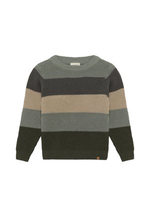 Gestrickter Langarmpullover mit horizontalen Streifen in Dunkelgrün, Grau, Beige und Anthrazitfarben.