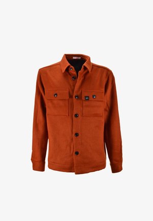 Giacca camicia arancione ruggine realizzata in tessuto testurizzato, con colletto a punta, chiusura frontale con bottoni e due taschini sul petto con chiusura a bottone.
