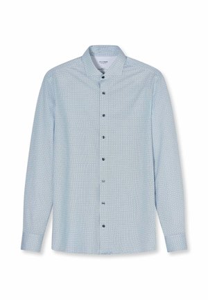 Hellblaues langärmliges Hemd mit Knopfleiste, kleinem Kreis-Muster und spitzem Kragen, vor weißem Hintergrund dargestellt.