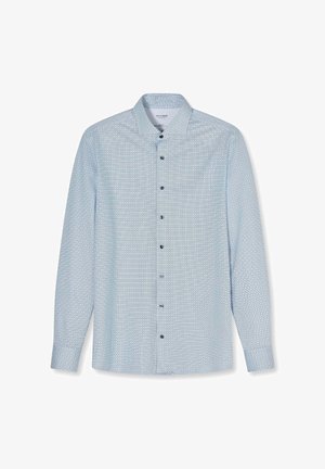 Light blue long-sleeve button-up shirt with small circular pattern and pointed collar, displayed against a white background.