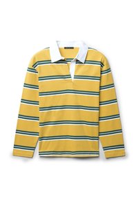 Langärmliges Poloshirt in Gelb mit grünen und weißen horizontalen Streifen. Verfügt über einen weißen Kragen und eine teilweise Knopfleiste. Aus Baumwollmaterial.