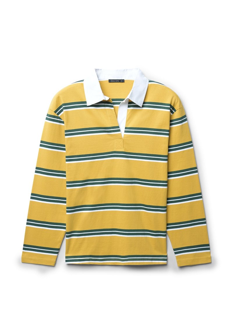 Langärmliges Poloshirt in Gelb mit grünen und weißen horizontalen Streifen. Verfügt über einen weißen Kragen und eine teilweise Knopfleiste. Aus Baumwollmaterial.