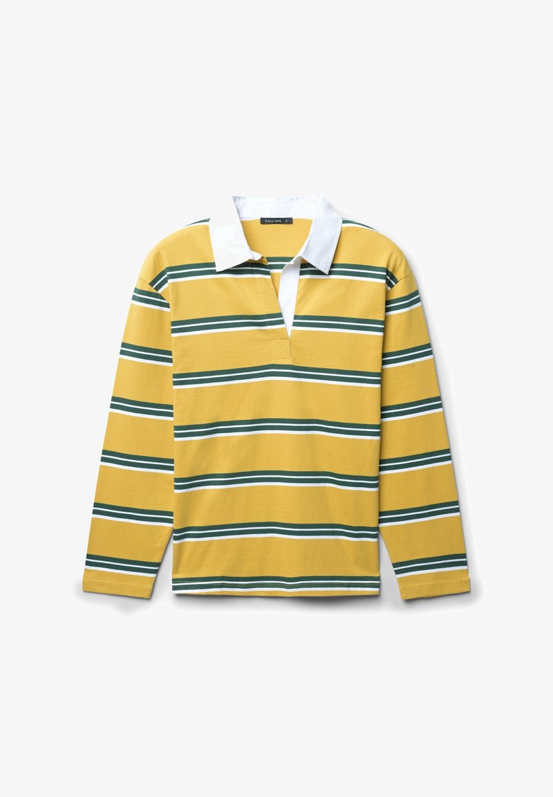 Langärmliges Poloshirt in Gelb mit grünen und weißen horizontalen Streifen. Verfügt über einen weißen Kragen und eine teilweise Knopfleiste. Aus Baumwollmaterial.