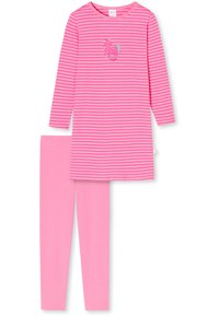 Rosa gestreiftes Langarmoberteil mit einem Einhorn-Graphic, kombiniert mit einfarbigen rosa Leggings. Weiches Baumwollmaterial, lässiges Design und taillierte Form.
