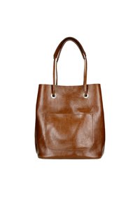 Borsa a tracolla in pelle marrone con due manici, una tasca frontale e occhielli in metallo per un look moderno. Texture liscia e forma strutturata.