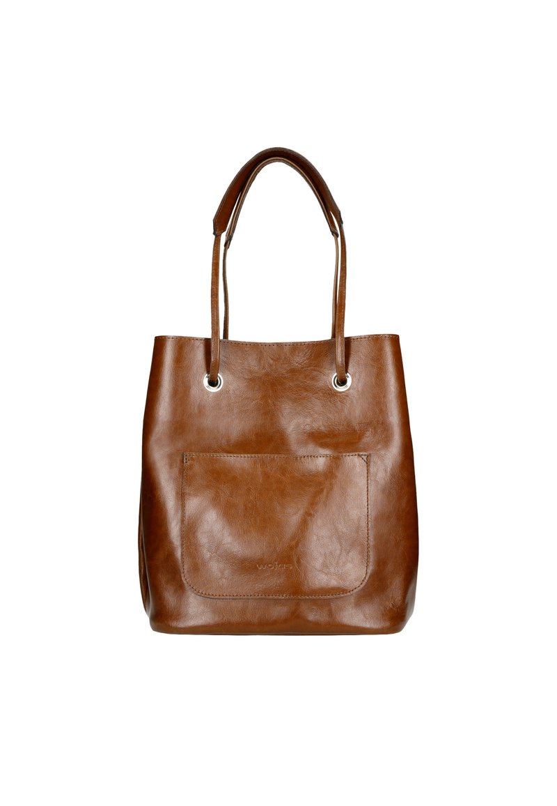 Borsa a tracolla in pelle marrone con due manici, una tasca frontale e occhielli in metallo per un look moderno. Texture liscia e forma strutturata.