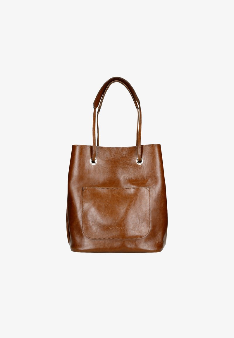 Borsa a tracolla in pelle marrone con due manici, una tasca frontale e occhielli in metallo per un look moderno. Texture liscia e forma strutturata.