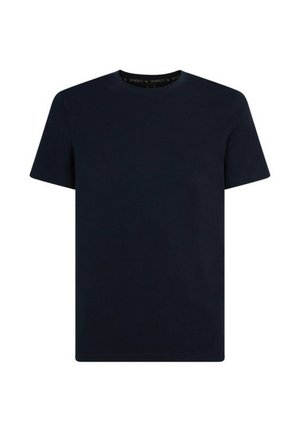 Maglietta a maniche corte blu navy realizzata in cotone, con scollo a girocollo e una texture liscia. Presenta un design semplice e solido senza modelli.