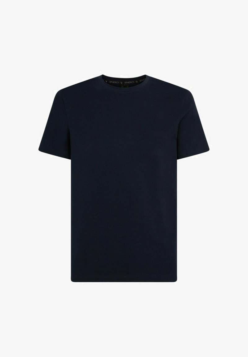 Maglietta a maniche corte blu navy realizzata in cotone, con scollo a girocollo e una texture liscia. Presenta un design semplice e solido senza modelli.