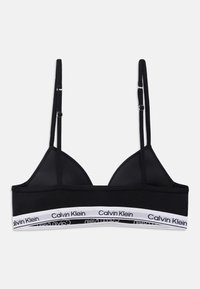 Čierny trojuholníkový bralet s nastaviteľnými popruhmi a širokým elastickým pásom s bielym logom "Calvin Klein". Hladká textúra, minimalistický dizajn.