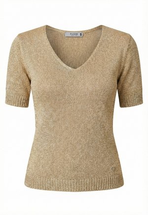 Maglione beige a maniche corte con scollo a V e polsini e orlo a costine, caratterizzato da un piccolo emblema a forma di cuore vicino all'orlo.