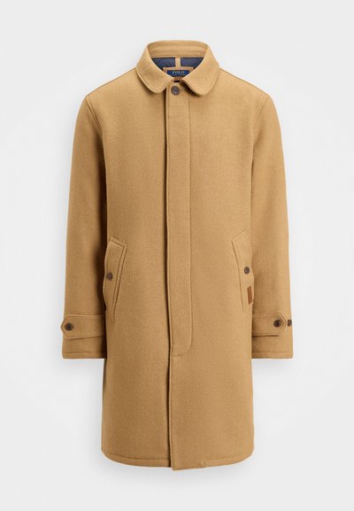 Tan wolmix jas met een kraag, knoopsluiting aan de voorkant, twee zijzakken en verstelbare manchetten. Beschikt over een gestructureerde stof en een minimalistisch ontwerp.