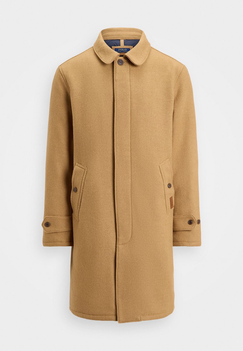 Beige Wollmischungsmantel mit Kragen, durchgehendem Knopfverschluss, zwei seitlichen Taschen und verstellbaren Manschetten. Verfügt über einen strukturierten Stoff und ein minimalistisches Design.