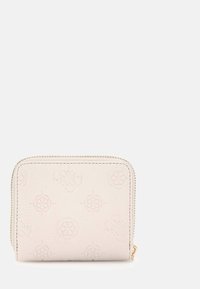 Portafoglio in pelle rosa con motivi in rilievo, chiusura con zip e accessori in tonalità oro. Forma rettangolare compatta con una finitura testurizzata.